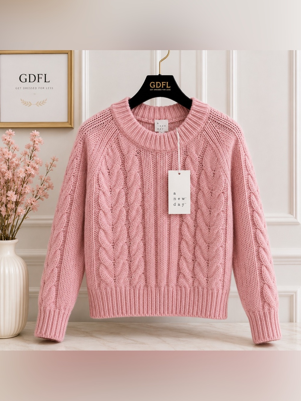 A New Day Cable Knit Sweater Womens Medium Pink Chunky Cozy Cottagecore
